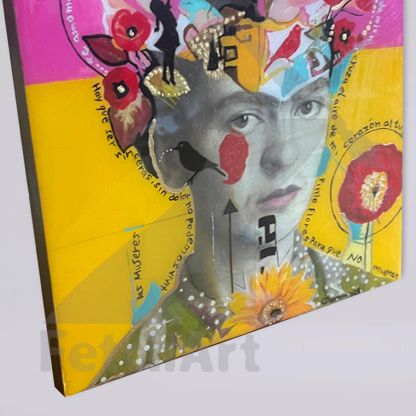 Frida Kahlo Portrait Original Artwork Collage and Acrylic on Wood Panel Acrylic