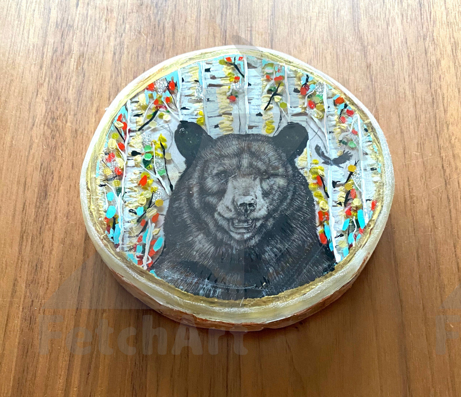 Round Birch Wood Coaster of a Bear with Birch Trees in Background. 