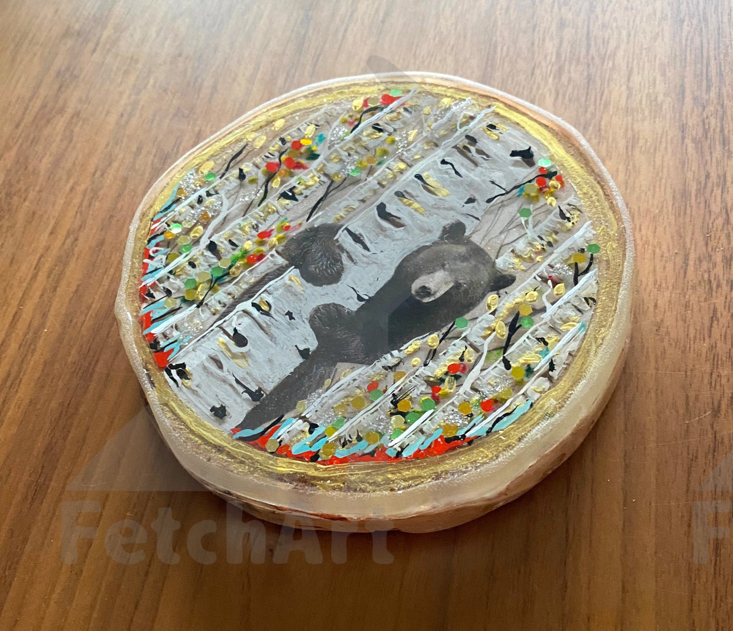 Round Birch Wood Coaster of a Bear Behind a Birch Tree Hiding with Birch Trees in Background. 