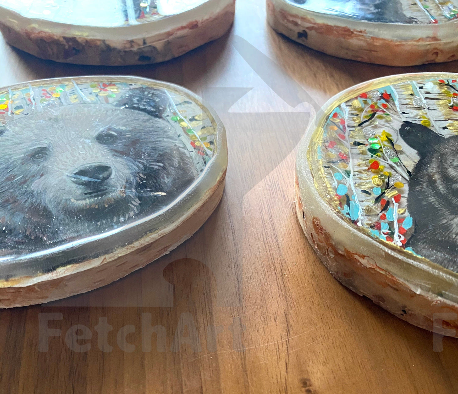 Round Birch Wood Coasters with Bears