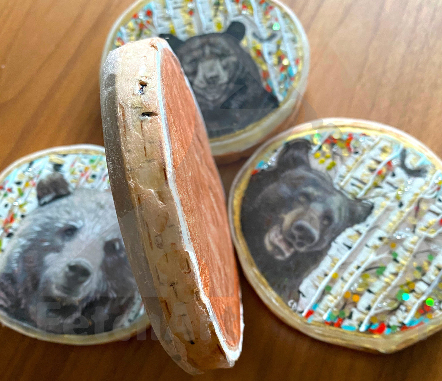 Birch Wood Coasters with Mixed Medium of Bears