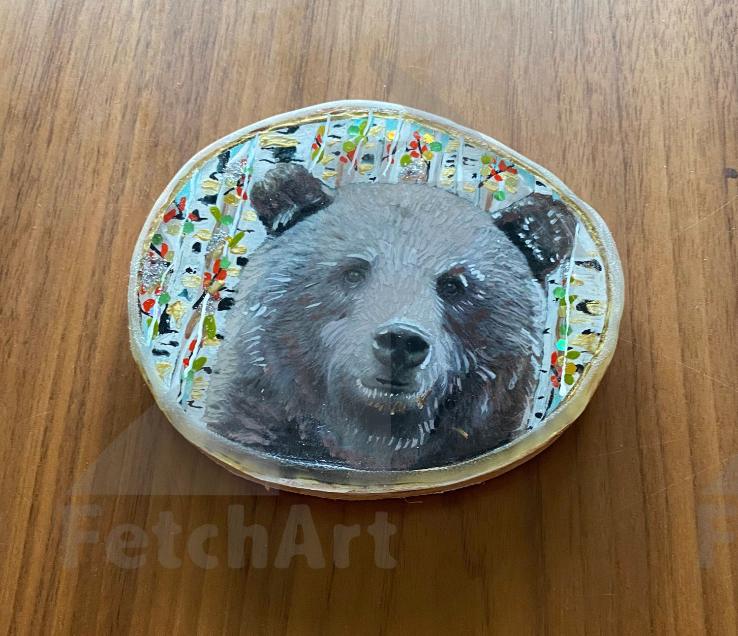 Round Birch Wood Coaster of a Bear with Birch Trees in Background. 