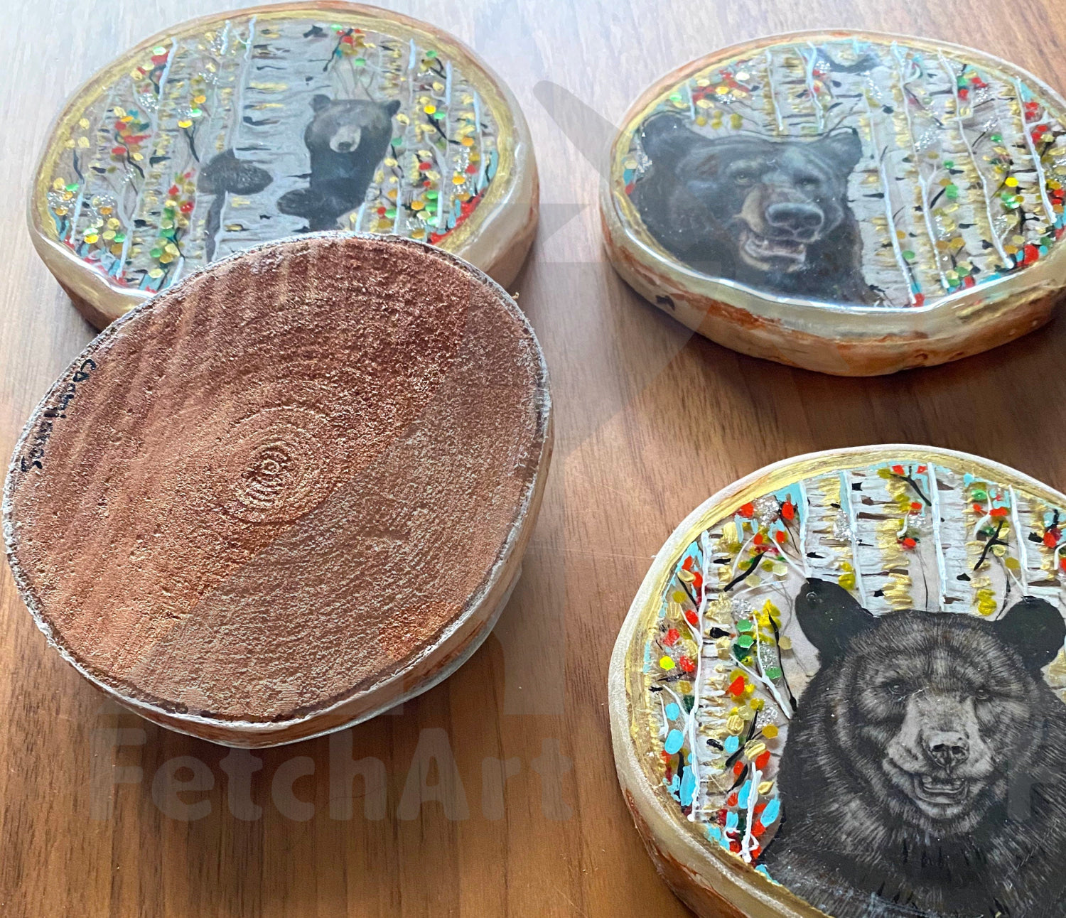 Round Birch Wood Coasters with Bears