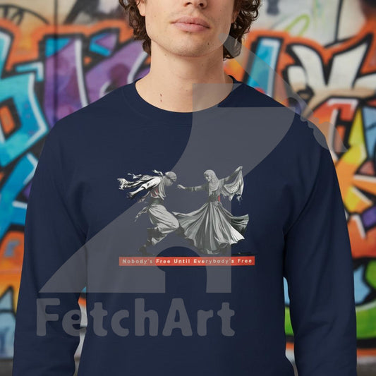 Close‑up of Palestinian Freedom Dance artwork on men’s long sleeve shirt