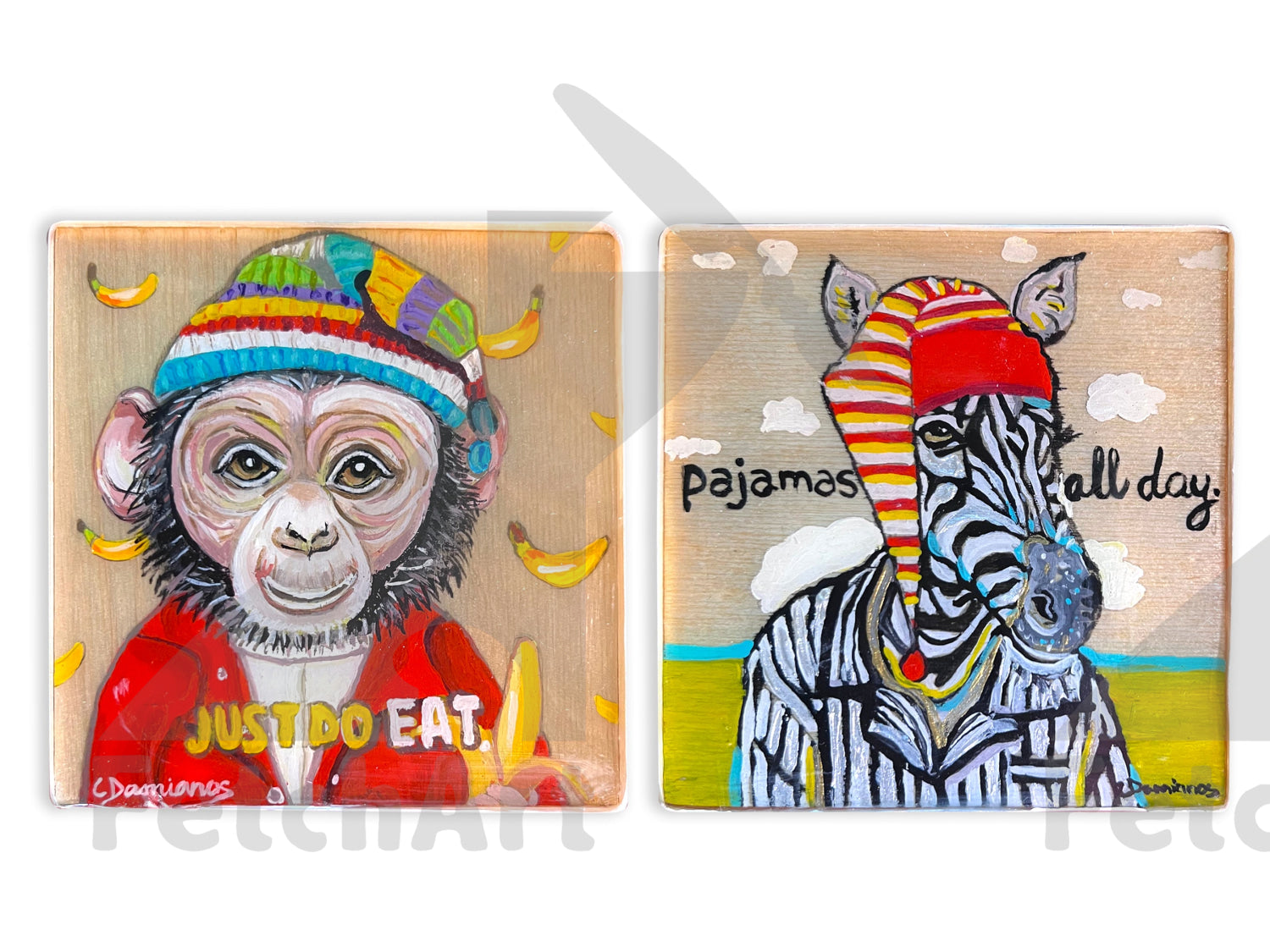 Original Monkey and Zebra Acrylic Paintings on Wood: Whimsical Animal Portraits - Charming Home Decor