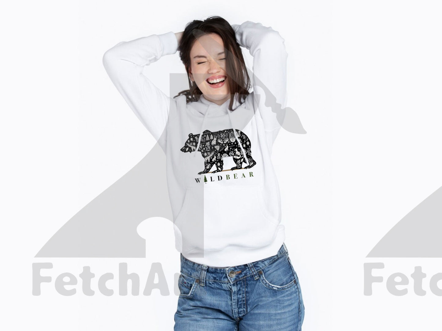 Classic White Unisex  Hoodie with Bear Print