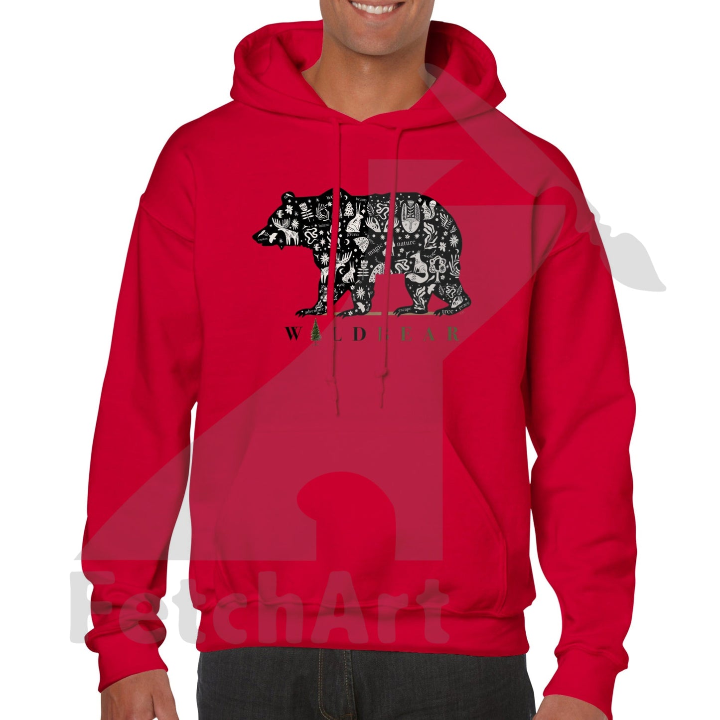 Classic Red Unisex  Hoodie with Bear Print