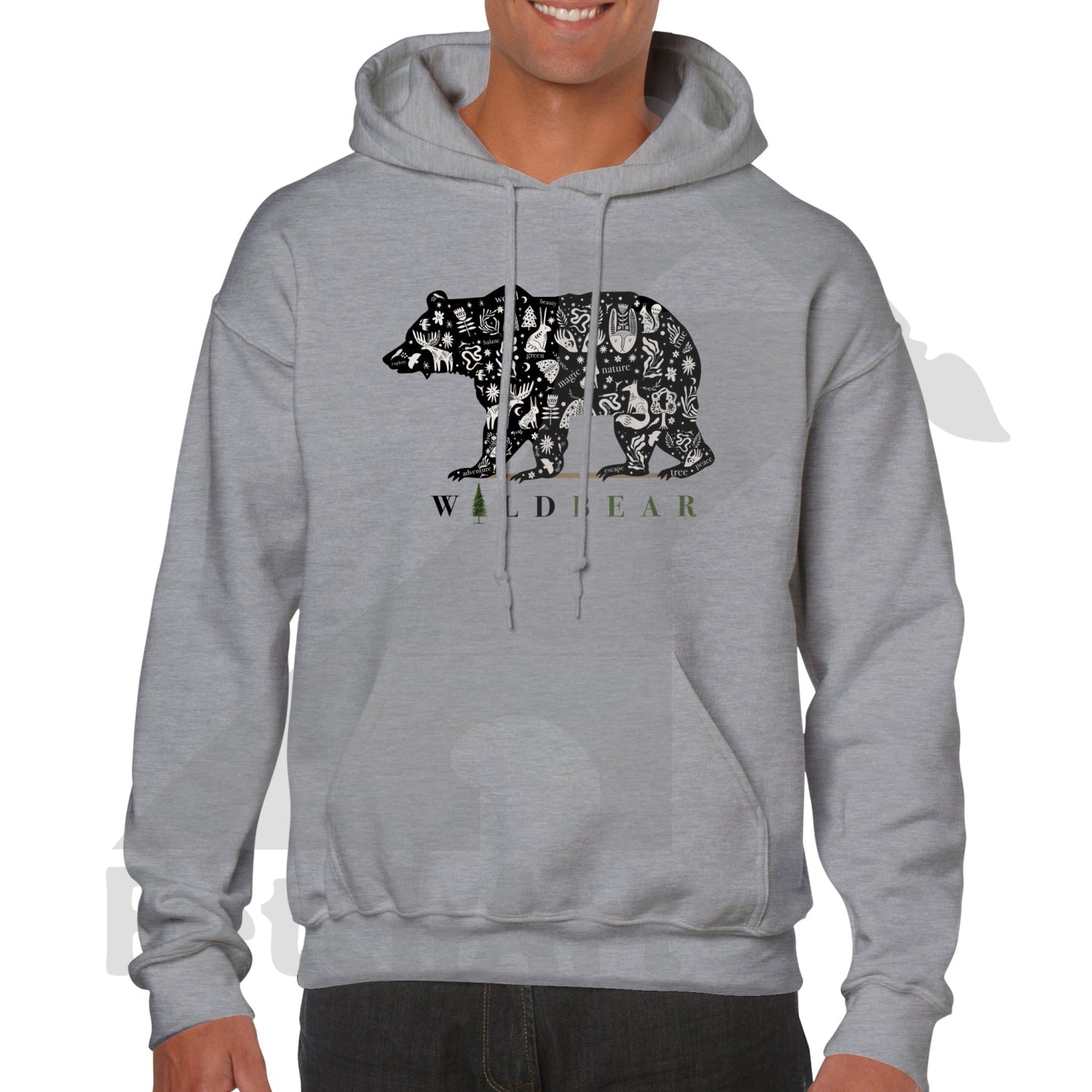 Classic Grey Unisex  Hoodie with Bear Print