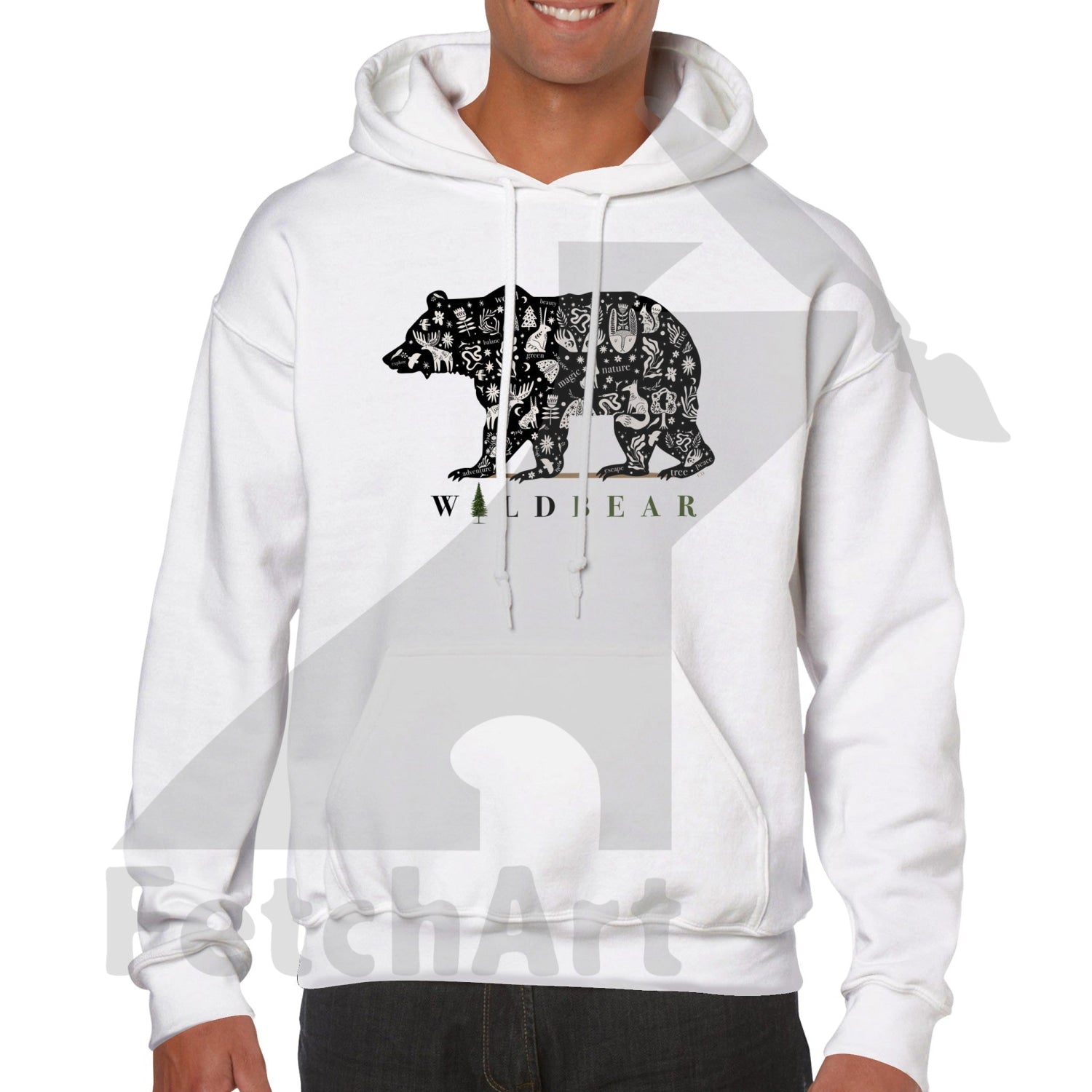 Classic White Unisex  Hoodie with Bear Print