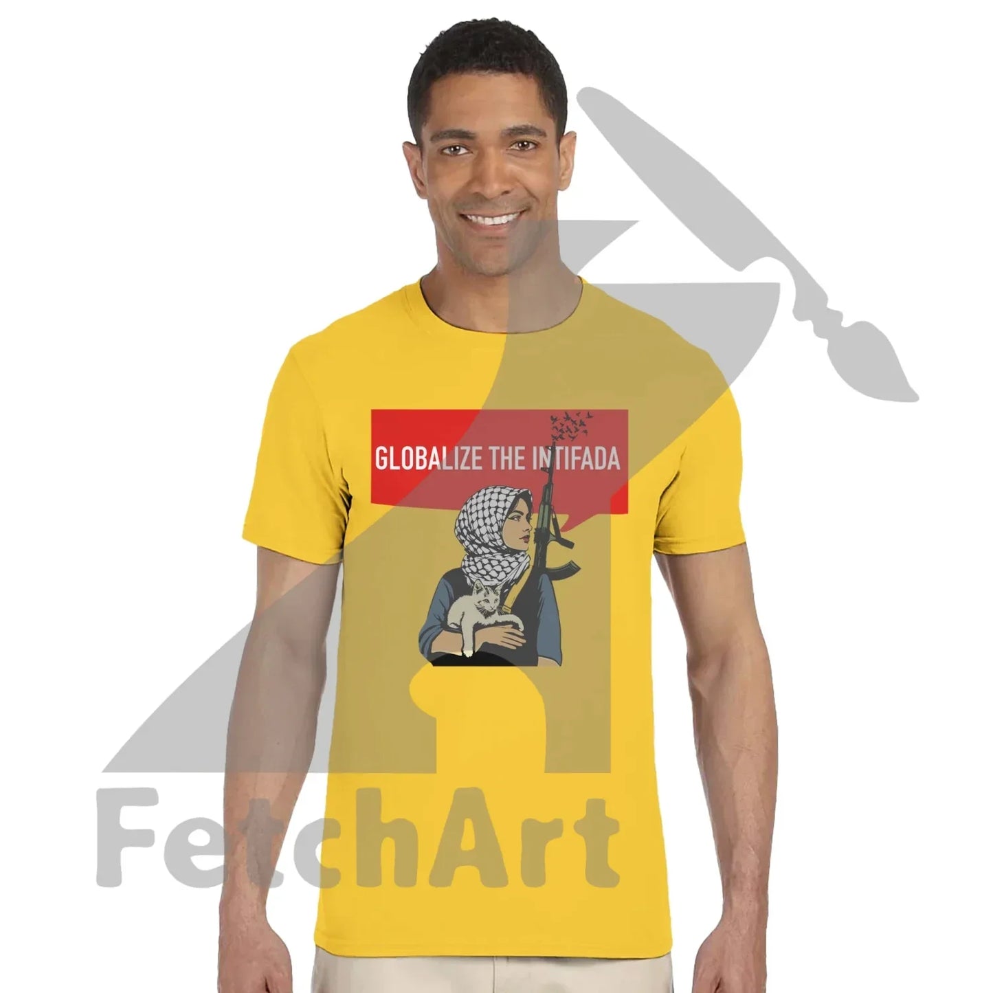 Unisex protest art t-shirt worn casually