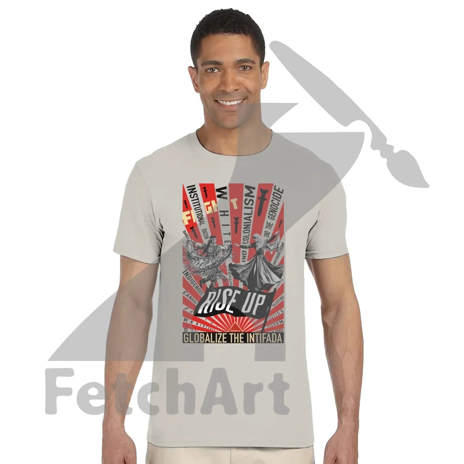 Close-up of Globalize the Intifada text on crewneck shirt