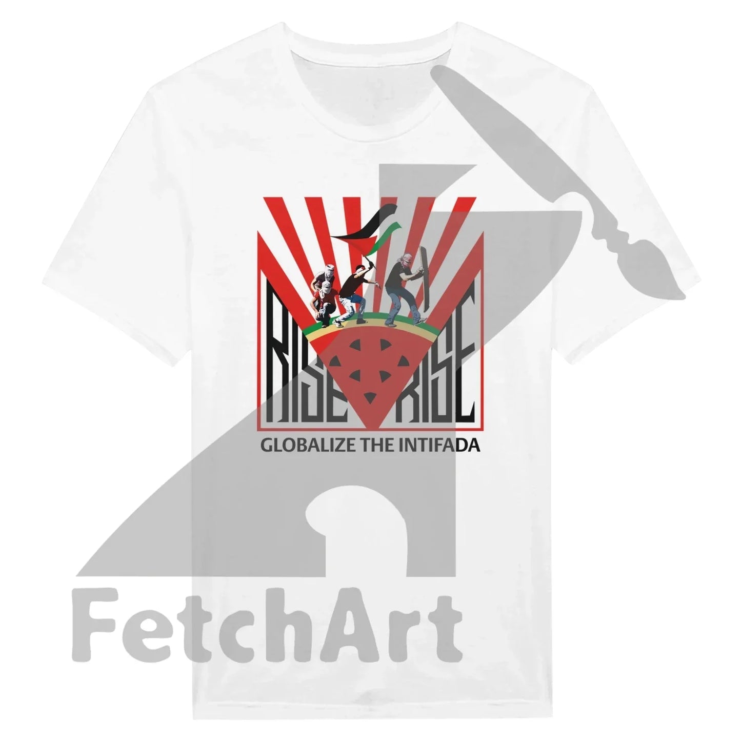 Close-up of Globalize the Intifada text on crewneck shirt