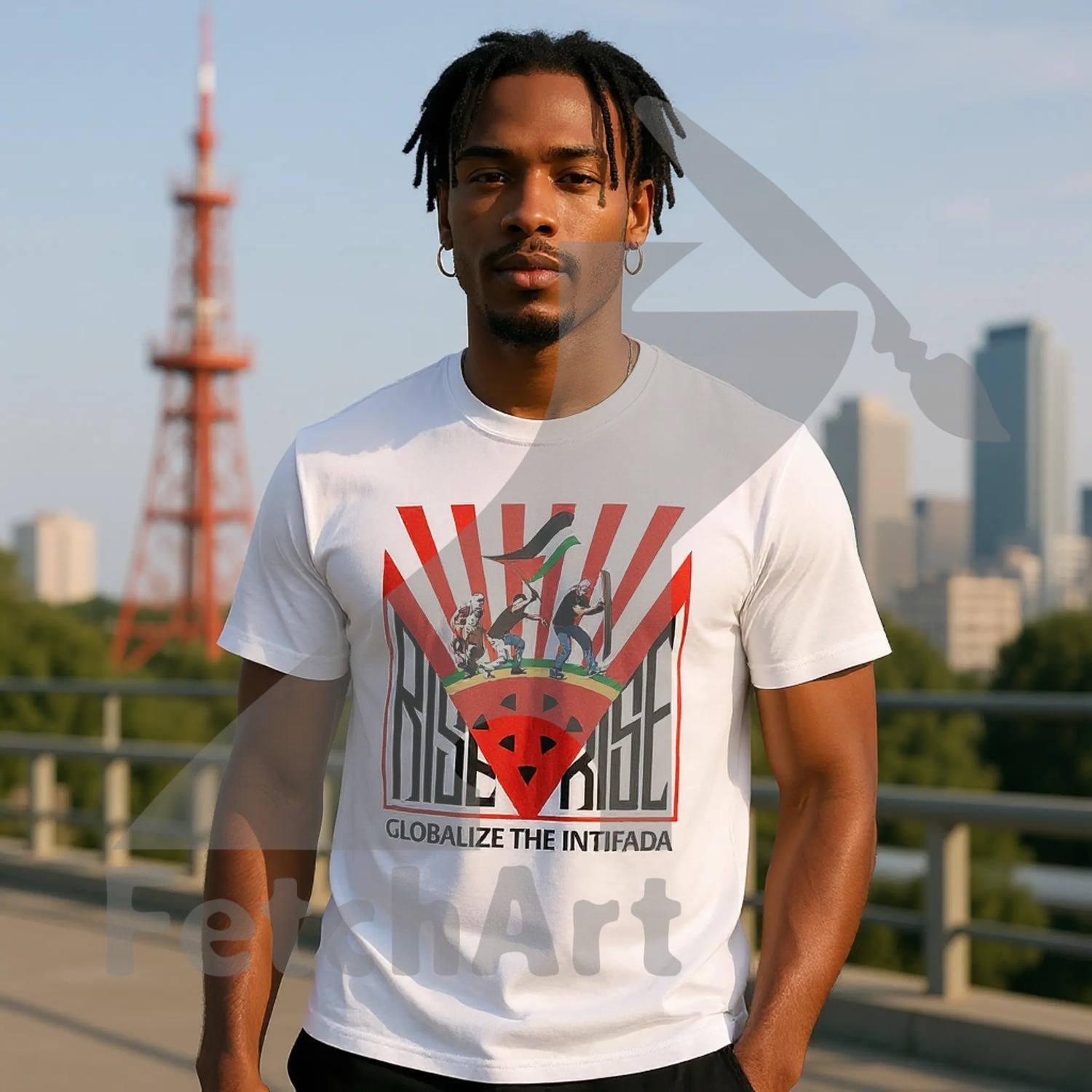 Unisex protest art t-shirt worn casually