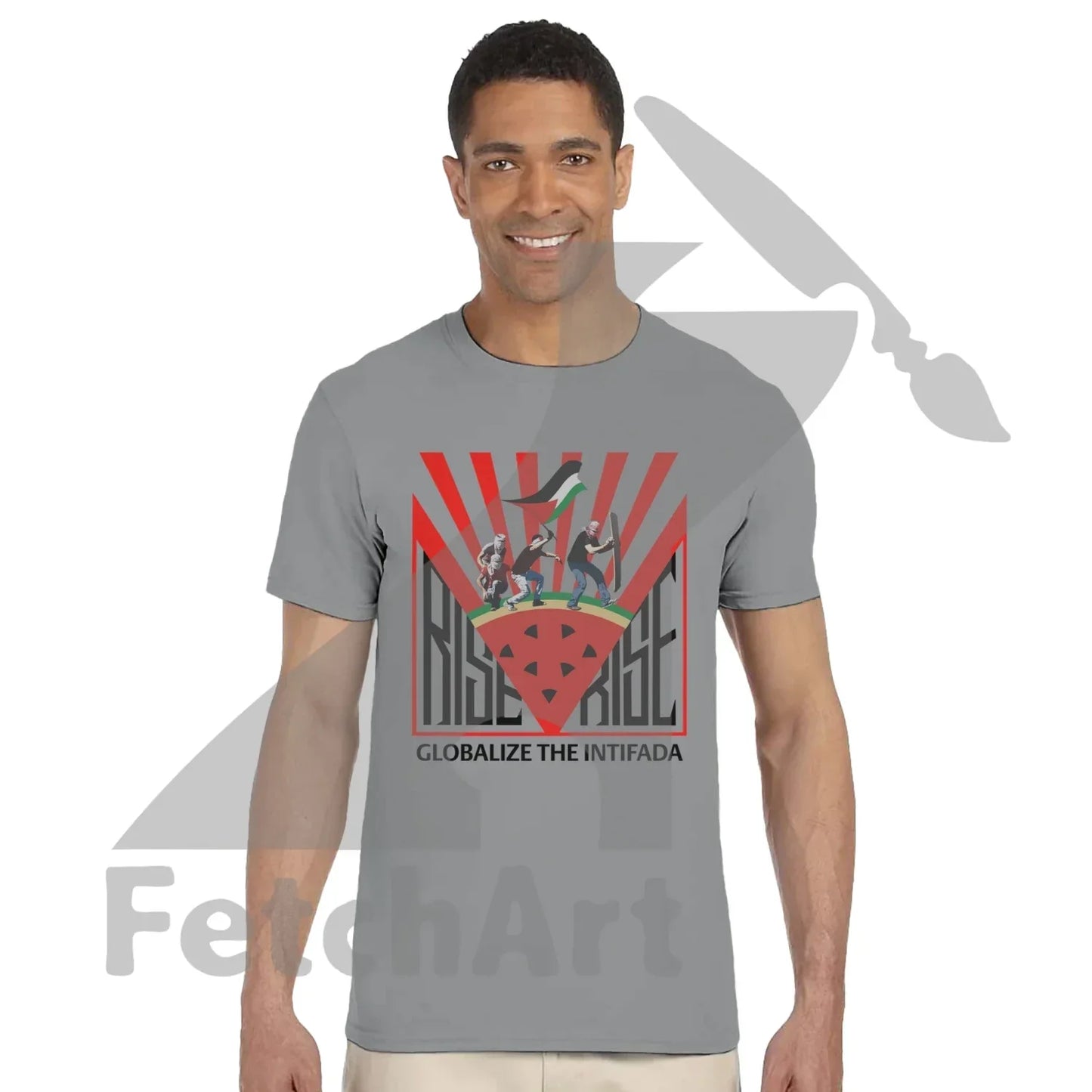 Close-up of Globalize the Intifada text on crewneck shirt