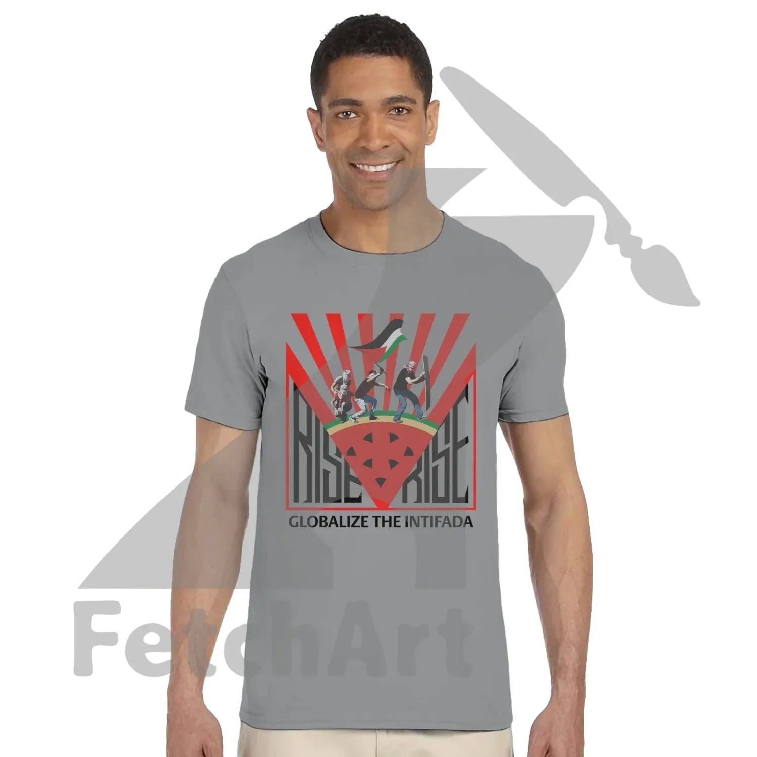 Close-up of Globalize the Intifada text on crewneck shirt