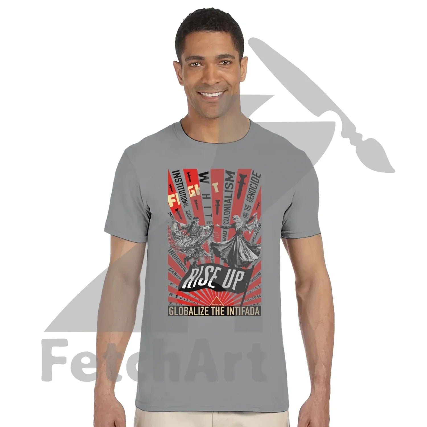 Unisex protest art t-shirt worn casually