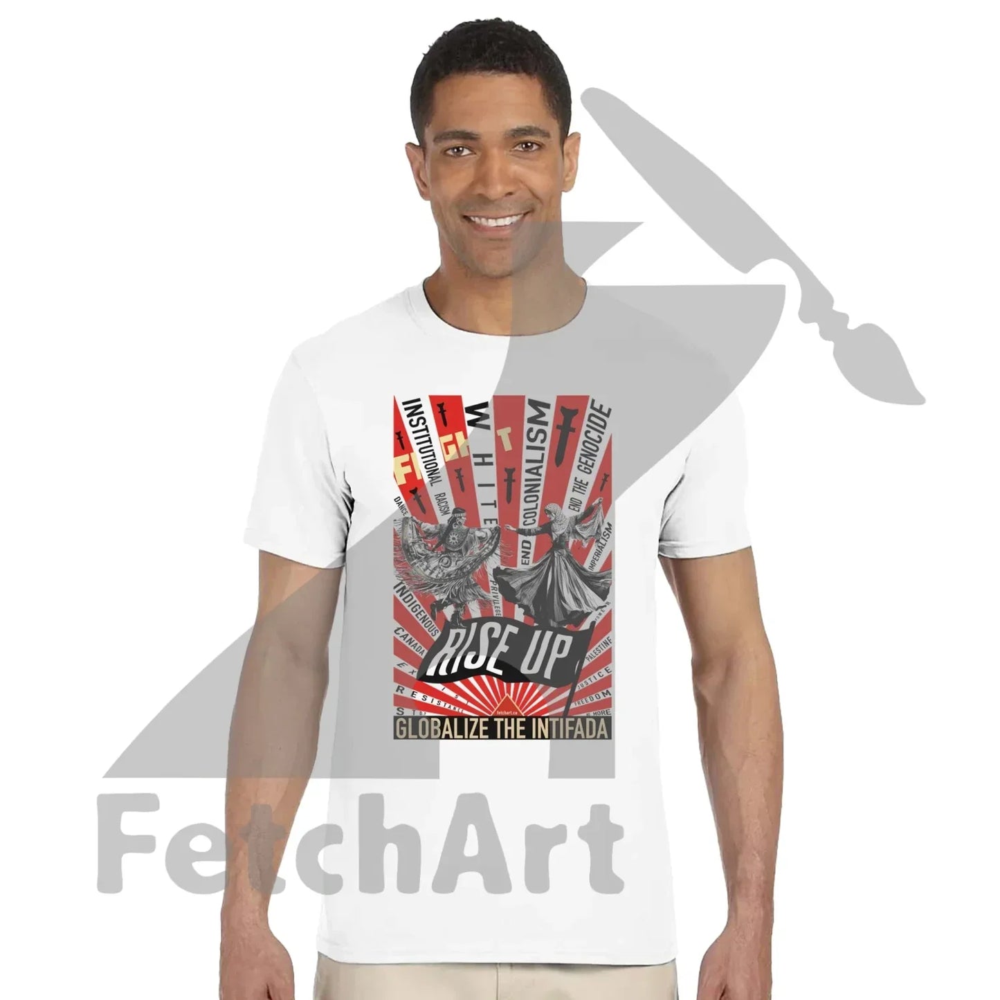 Unisex protest art t-shirt worn casually