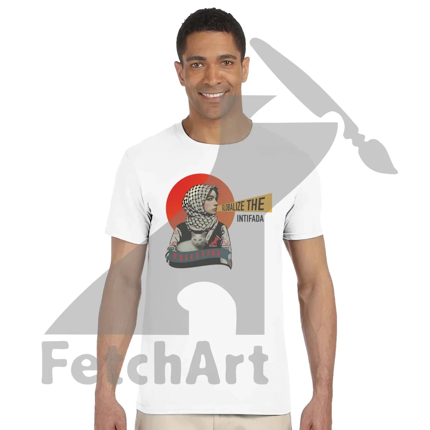 Close-up of Globalize the Intifada text on crewneck shirt