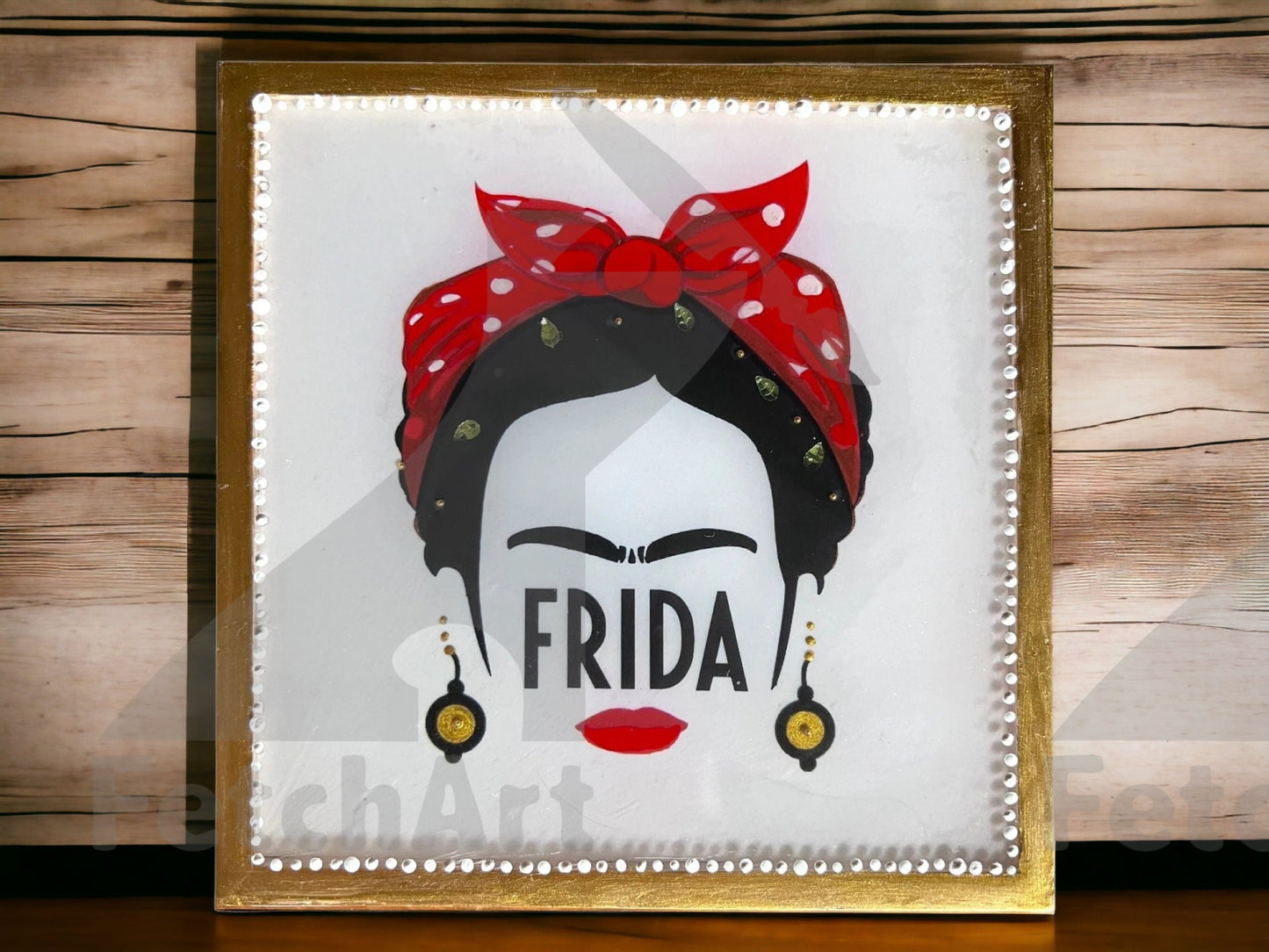 Acrylic Painting with Minimal Frida Kahlo Design. Gold Frame