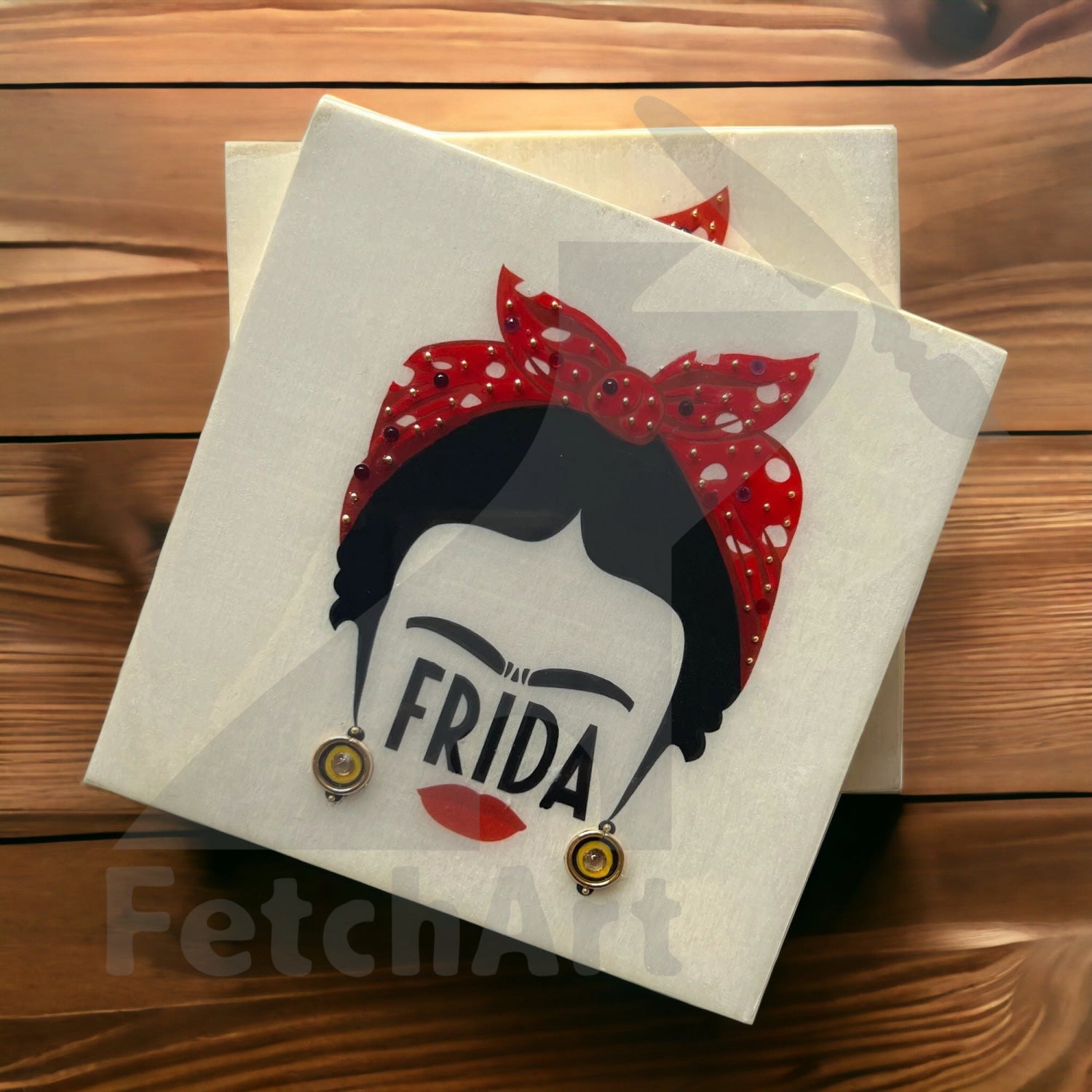 Square Frida Kahlo On Wood Panel Coated with Resin and Beads