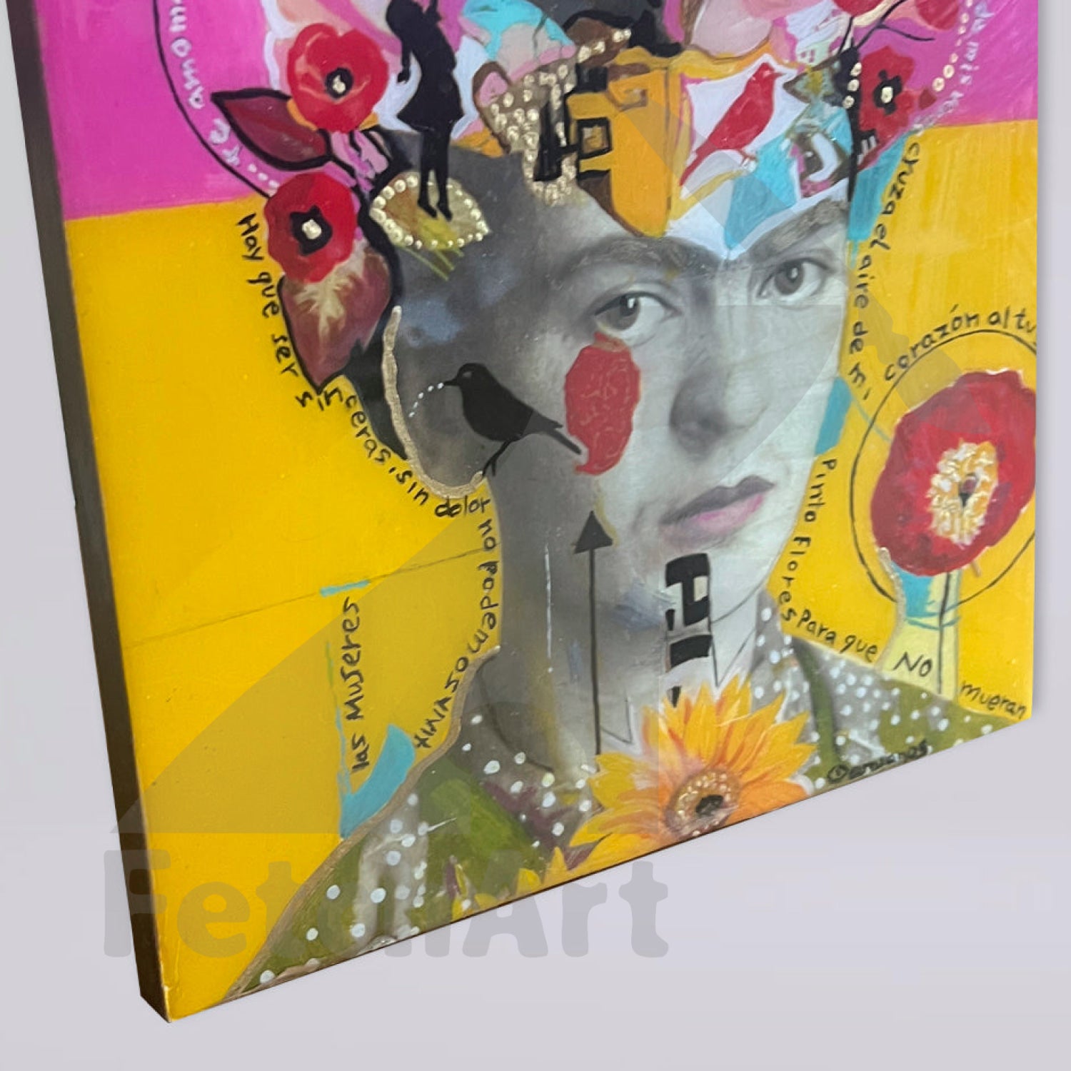 Frida Kahlo Portrait Original Artwork Collage and Acrylic on Wood Panel Acrylic