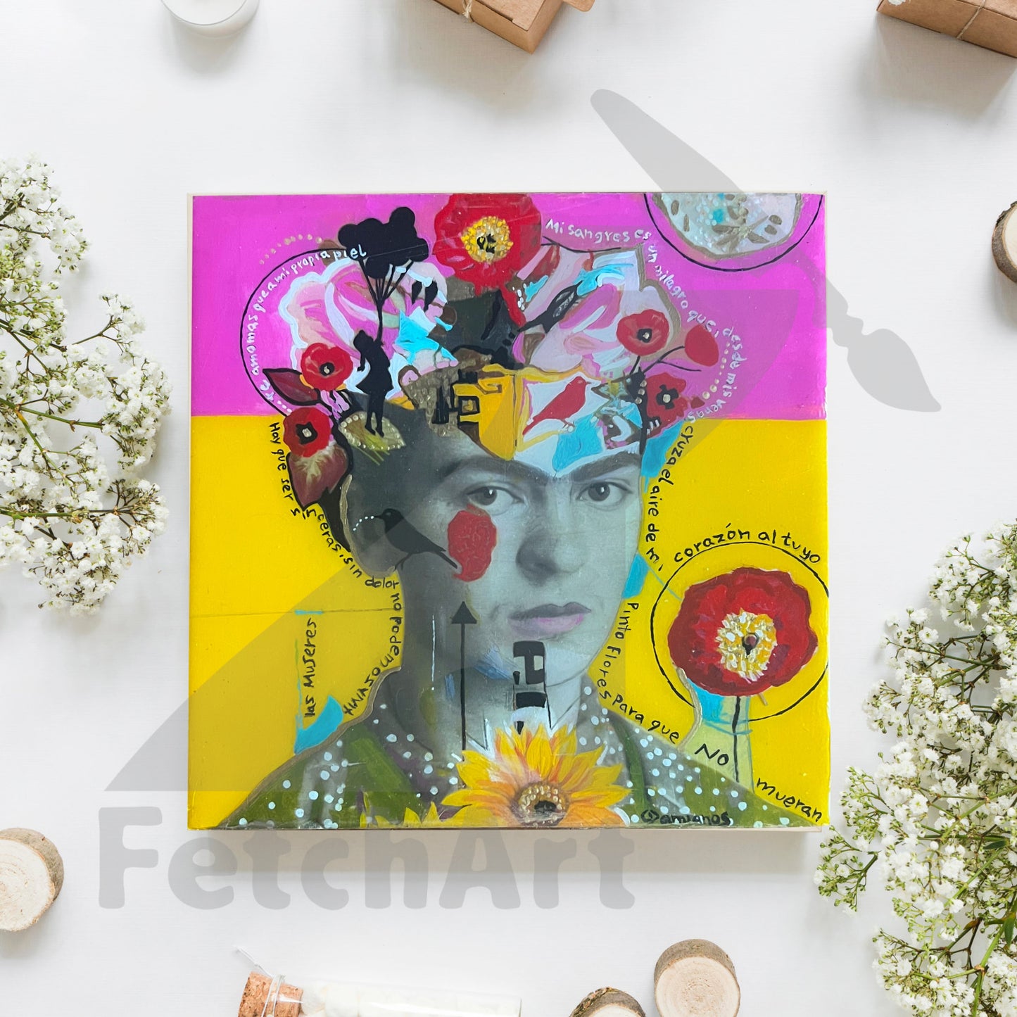 Frida Kahlo Portrait Original Artwork Collage and Acrylic on Wood Panel Acrylic