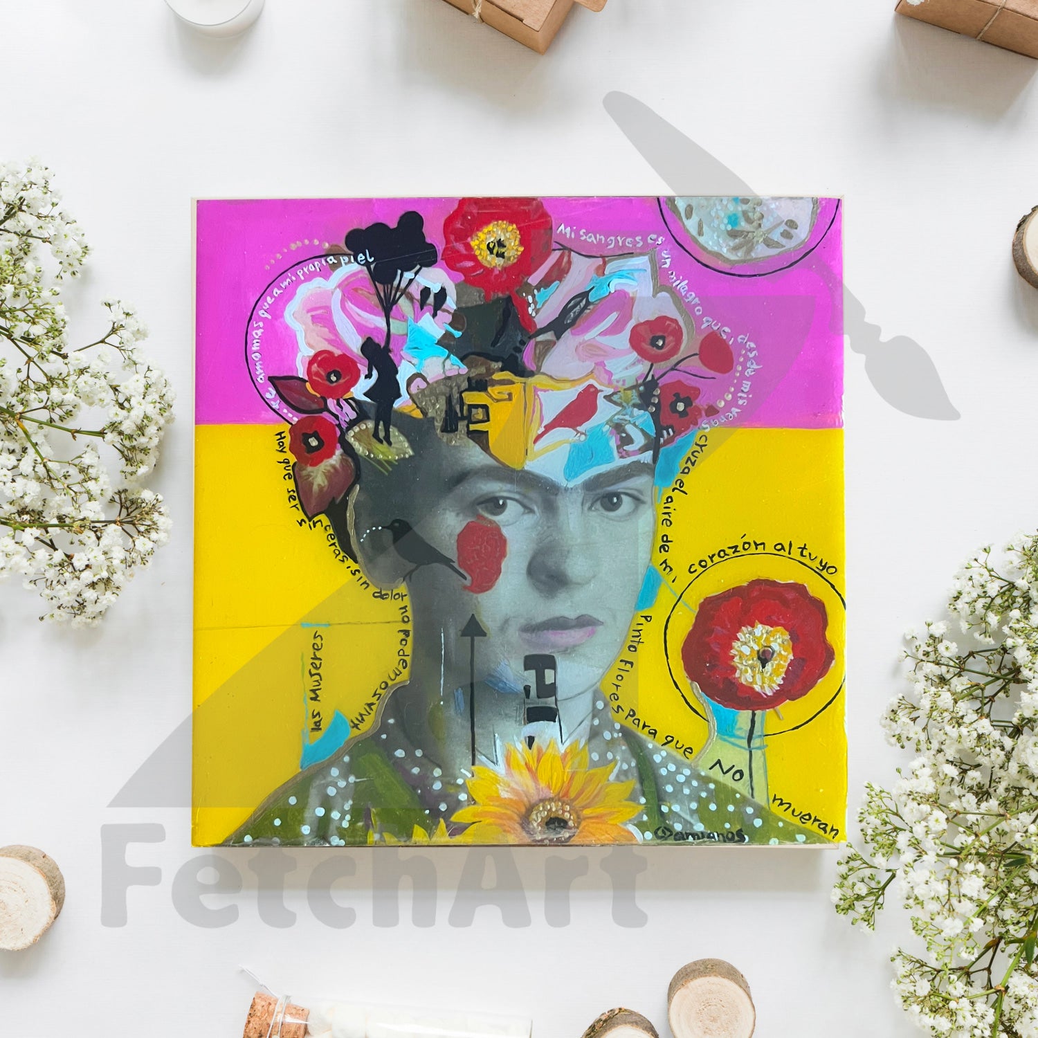 Frida Kahlo Portrait Original Artwork Collage and Acrylic on Wood Panel Acrylic