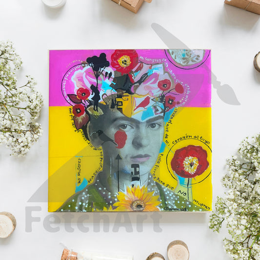 Frida Kahlo Portrait Original Artwork Collage and Acrylic on Wood Panel Acrylic