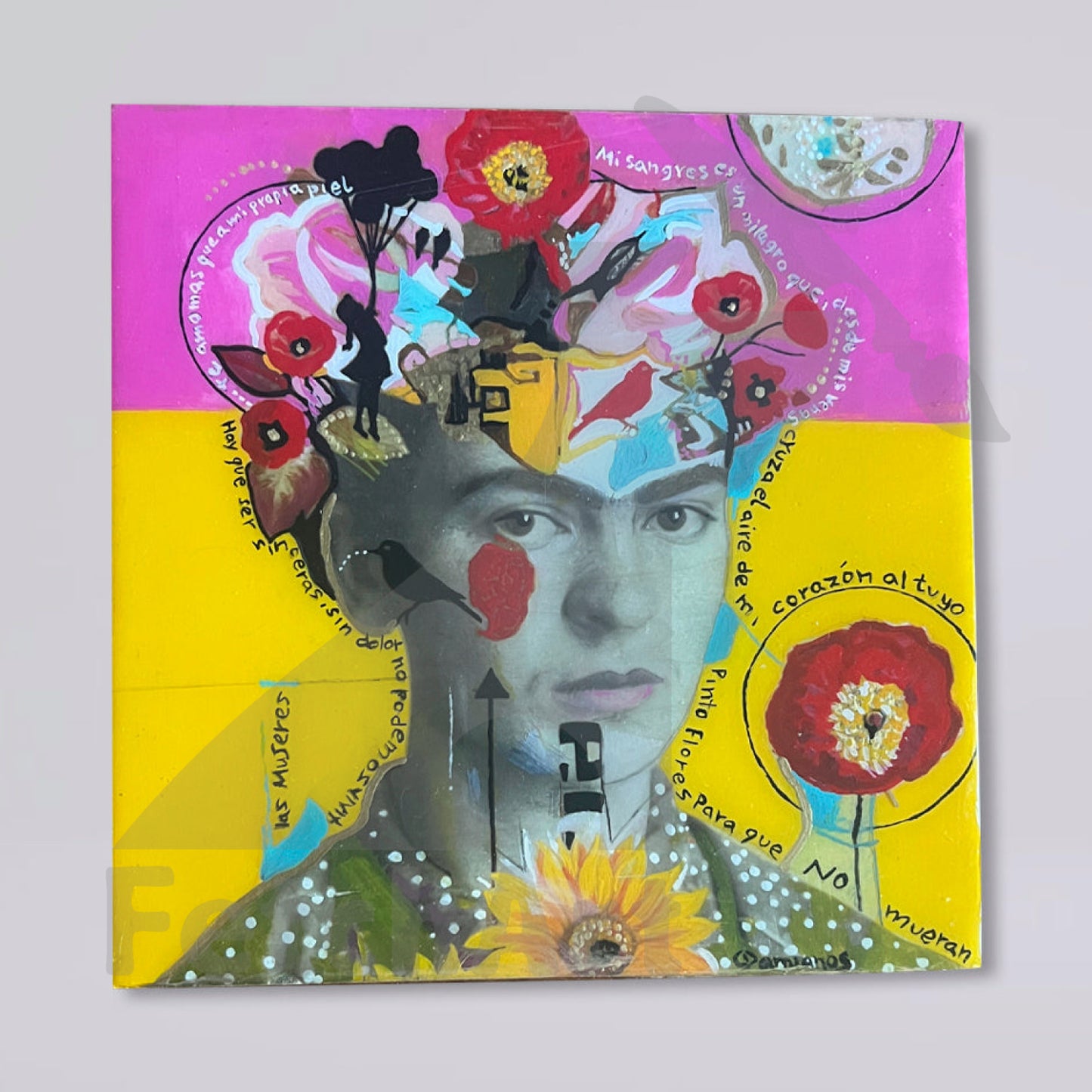 Frida Kahlo Portrait Original Artwork Collage and Acrylic on Wood Panel Acrylic