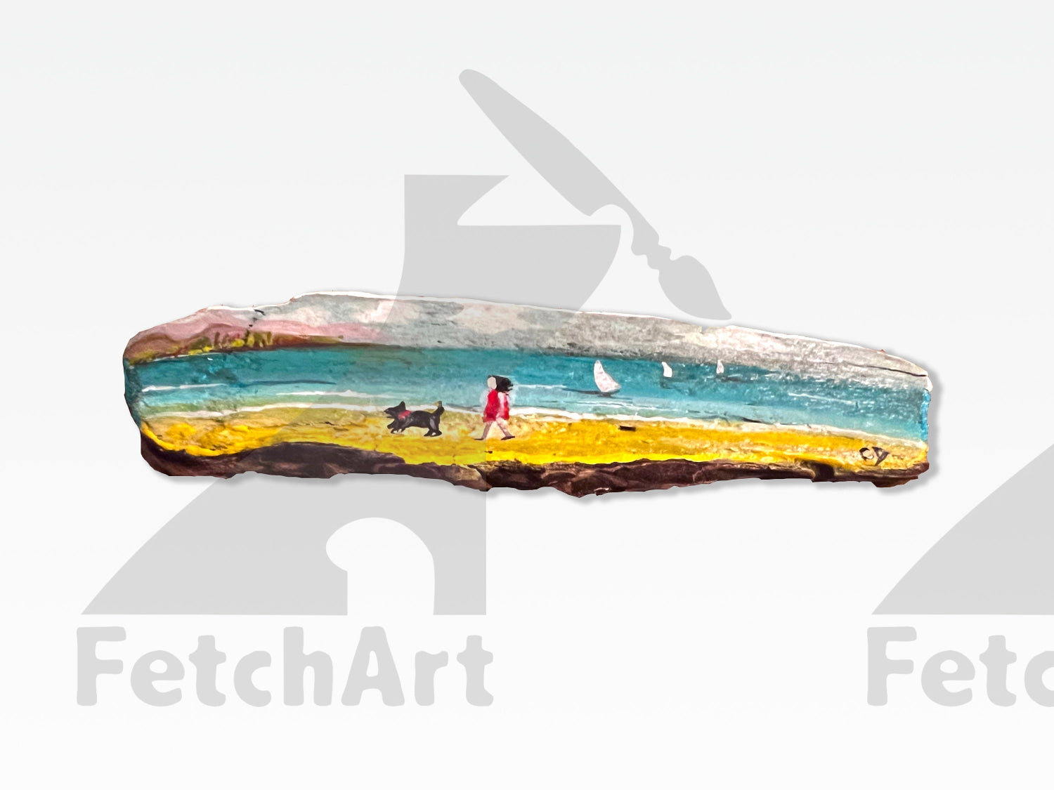 Hand-Painted Acrylic Humans and Their Dog in the Beach: Driftwood Artwork with Resin - Coastal Home Decor Fetch Art