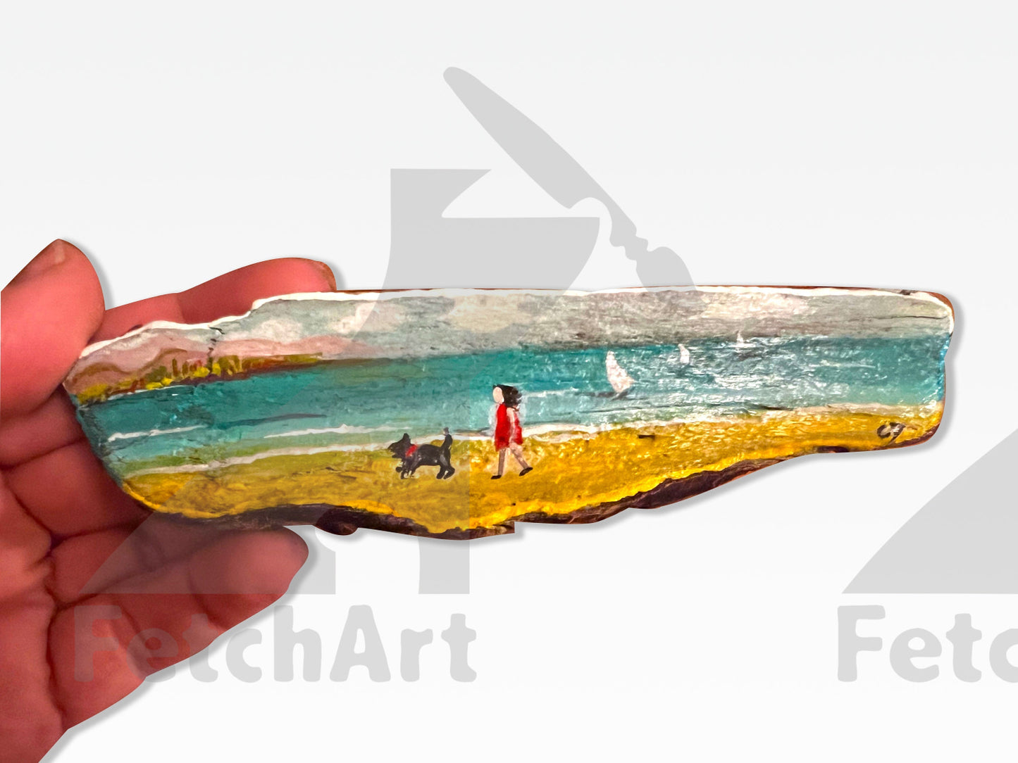 Hand-Painted Acrylic Humans and Their Dog in the Beach: Driftwood Artwork with Resin - Coastal Home Decor Fetch Art