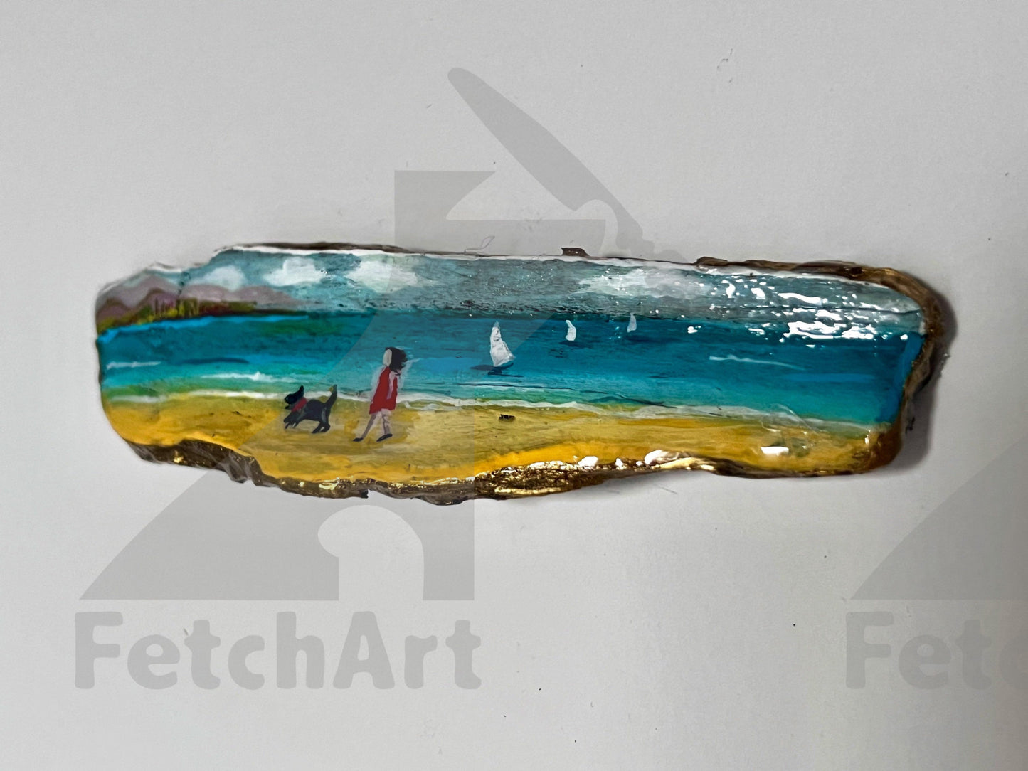 Hand-Painted Acrylic Humans and Their Dog in the Beach: Driftwood Artwork with Resin - Coastal Home Decor Fetch Art