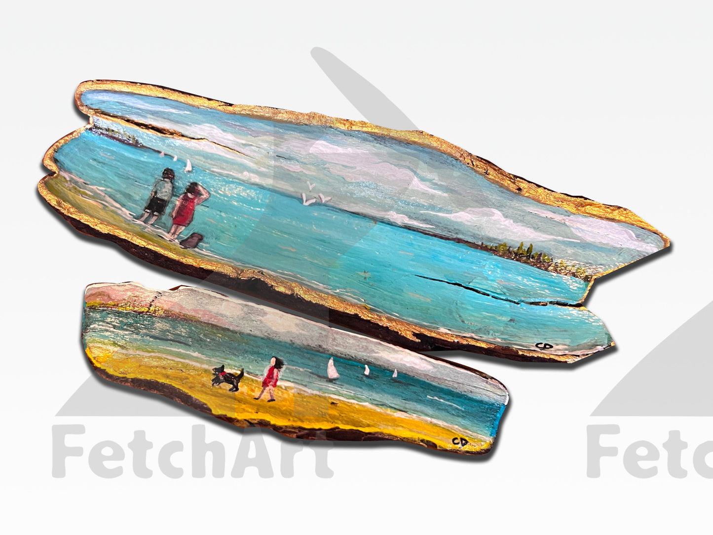 Hand-Painted Acrylic Humans and Their Dog in the Beach: Driftwood Artwork with Resin - Coastal Home Decor Fetch Art