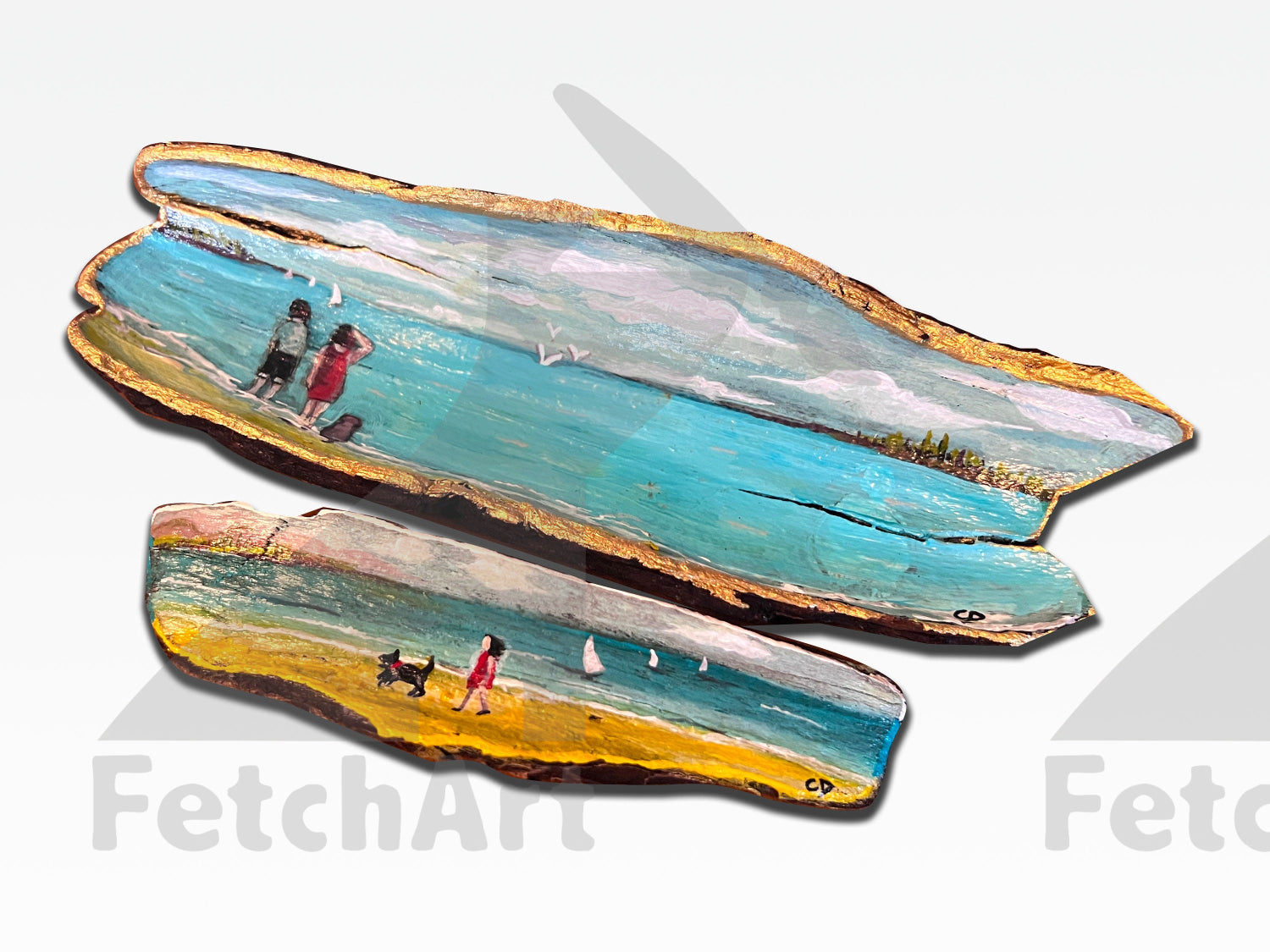 Hand-Painted Acrylic Humans and Their Dog in the Beach: Driftwood Artwork with Resin - Coastal Home Decor Fetch Art