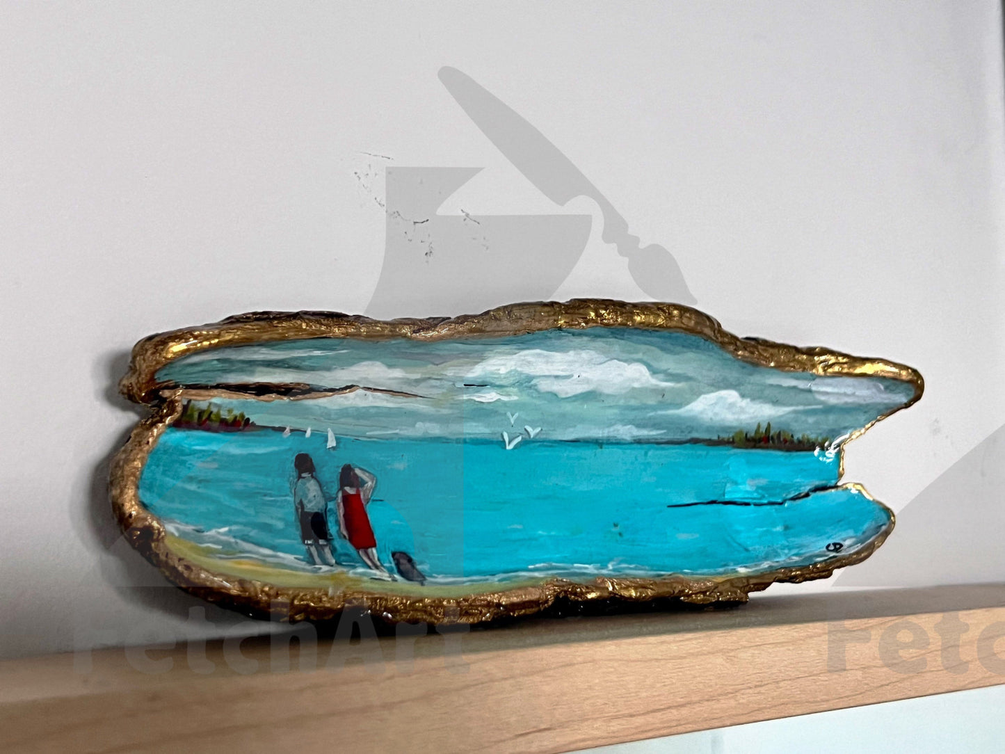 Hand-Painted Acrylic Humans and Their Dog in the Beach: Driftwood Artwork with Resin - Coastal Home Decor Fetch Art