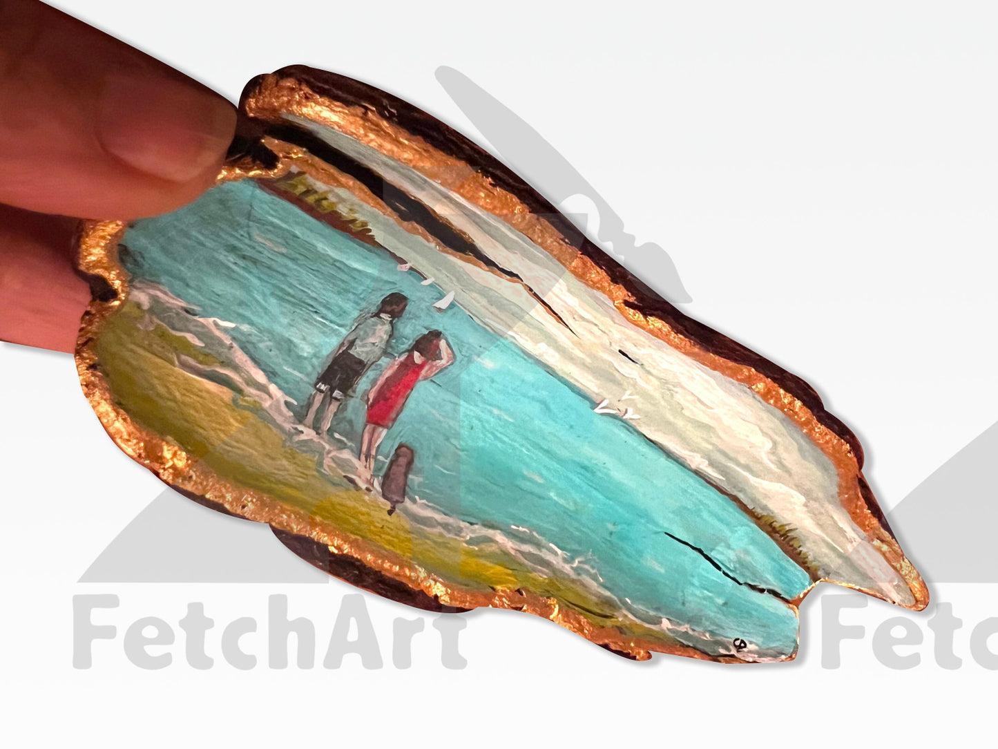 Hand-Painted Acrylic Humans and Their Dog in the Beach: Driftwood Artwork with Resin - Coastal Home Decor Fetch Art