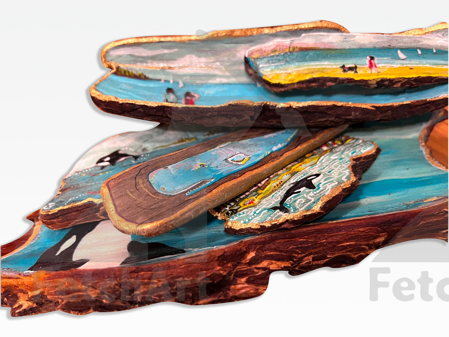 Hand-Painted Acrylic Humans and Their Dog in the Beach: Driftwood Artwork with Resin - Coastal Home Decor Fetch Art