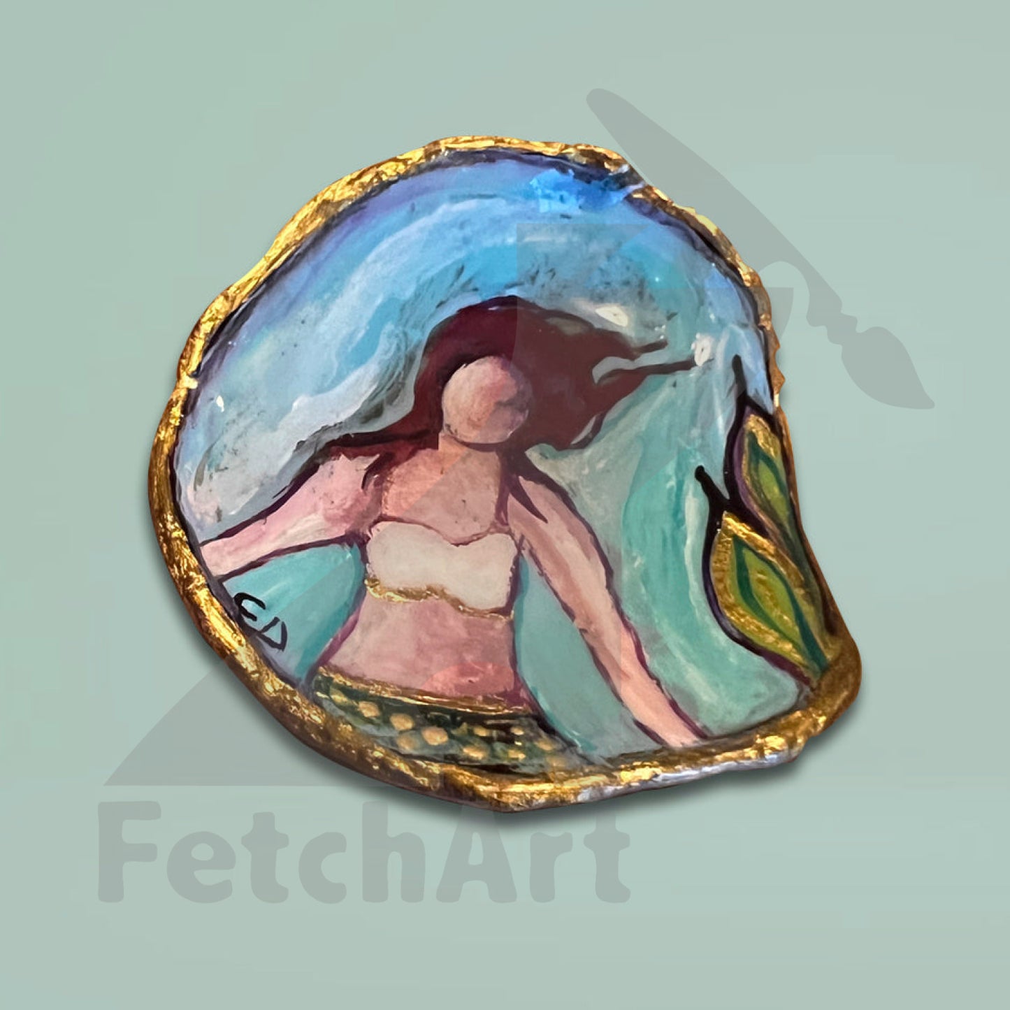 Hand painted mermaid seashell Art (Single Piece) 6cm X 5.5cm Bathroom Décor