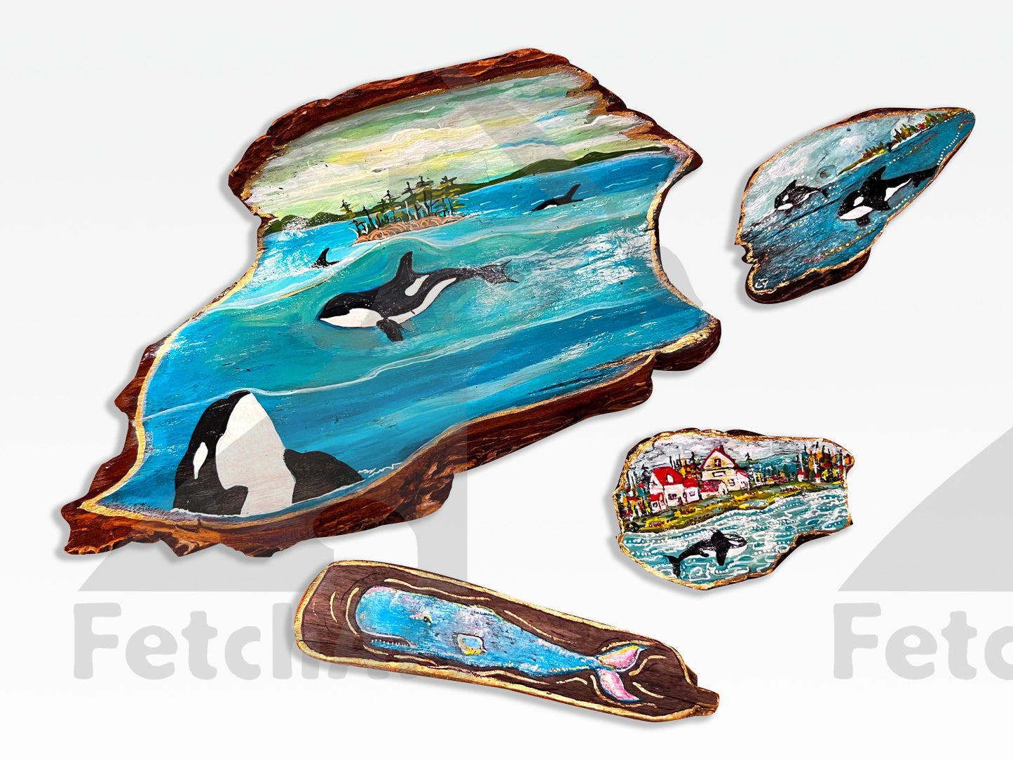 Hand-Painted Whale and Orca on Driftwood: Coastal Home Decor Artwork Fetch Art