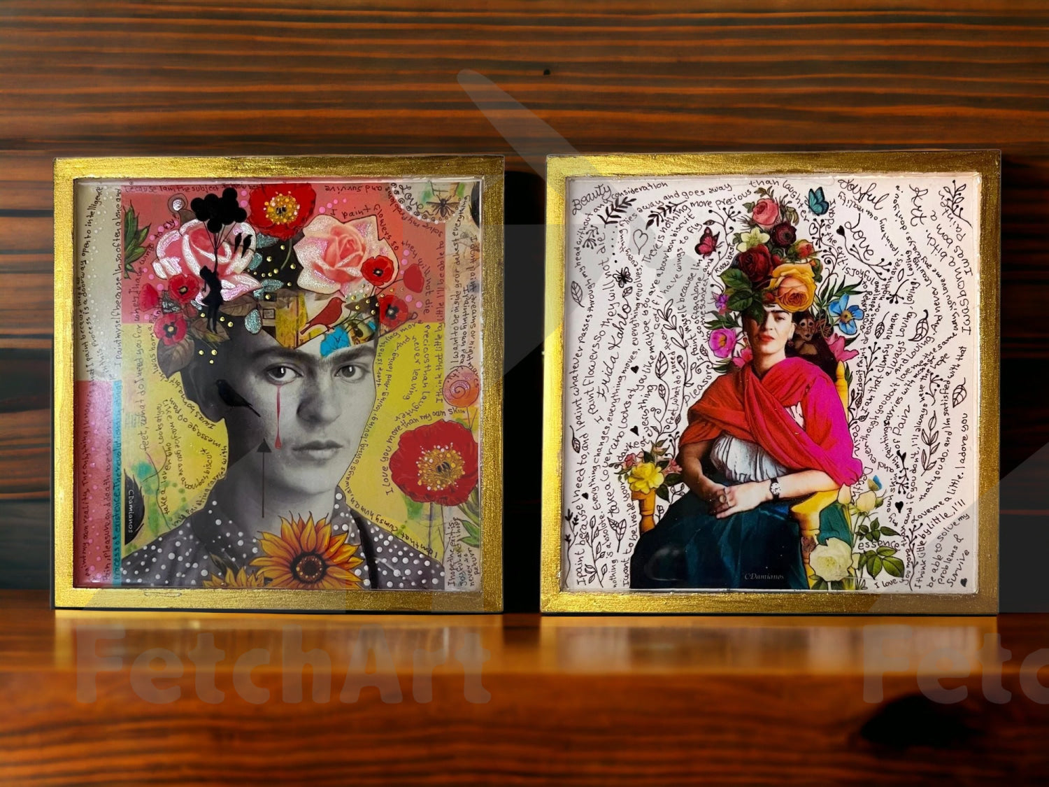 2 Original Frida Kahlo with Resin and Mixed Medium with Gold Wood frame