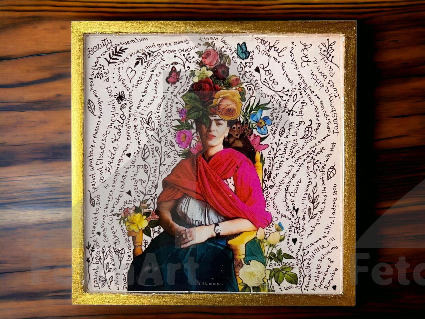 Original Frida Kahlo with Flowers on her Head with a monkey. Running Artist Quotes in the While Background  . Resin Coated with Mixed Medium and Gold Wood frame