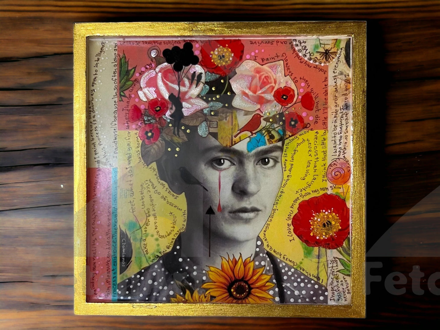 Original Frida Kahlo with Flowers on her Head. Resin Coated with Mixed Medium and Gold Wood frame