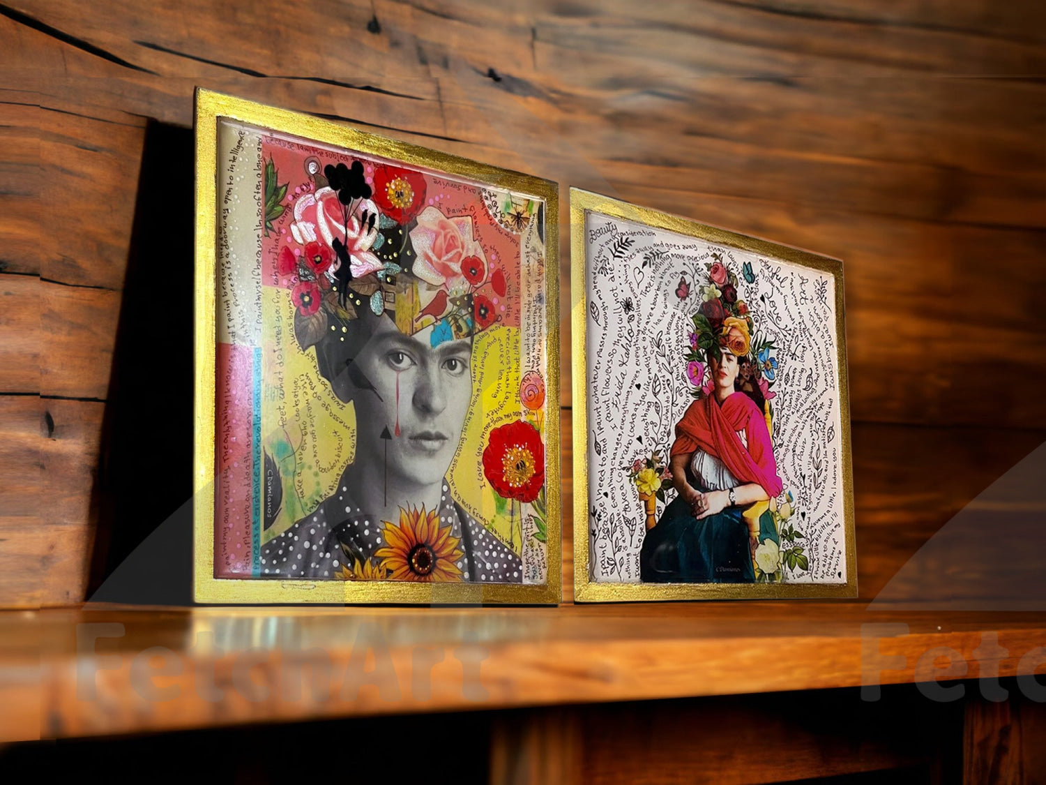 Inspiring Frida Kahlo Collage Art: Acrylic & Resin | Gold Frame | Wall Decor - Fetch Art