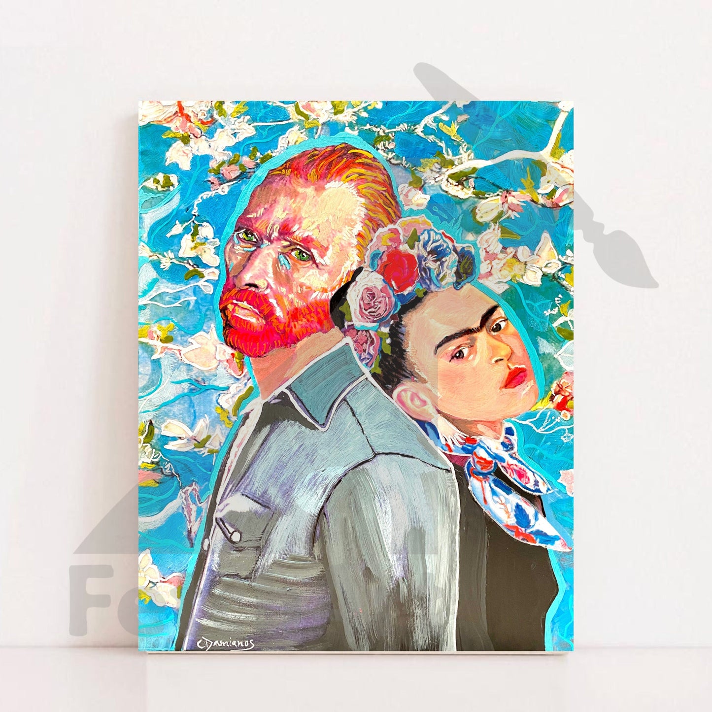 Captivating Portraits: Original Frida Kahlo & Vincent Van Gogh Acrylic Paintings with Collage on Wood - Wall Decor Art by Artist Fetch Art