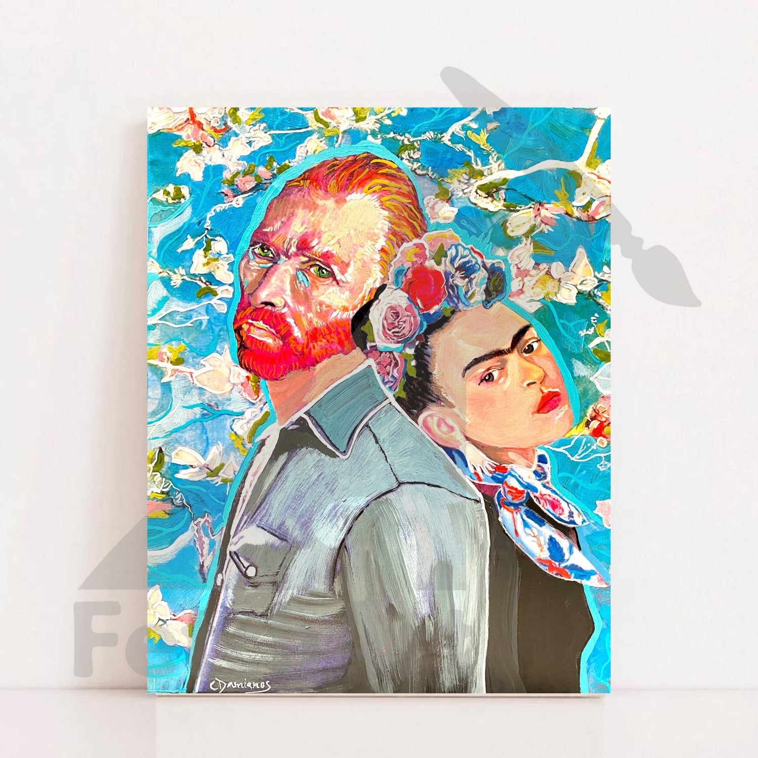 Captivating Portraits: Original Frida Kahlo & Vincent Van Gogh Acrylic Paintings with Collage on Wood - Wall Decor Art by Artist Fetch Art