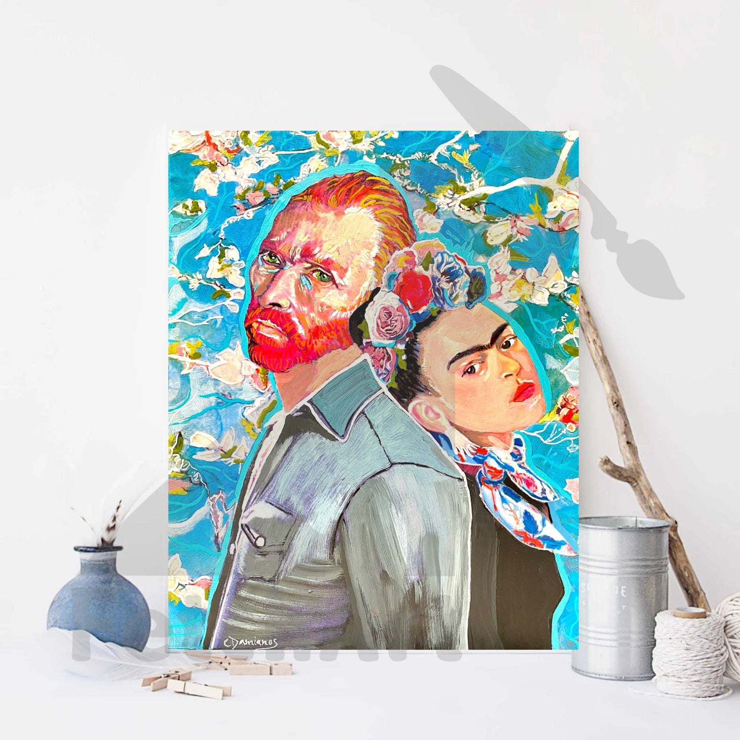 Captivating Portraits: Original Frida Kahlo & Vincent Van Gogh Acrylic Paintings with Collage on Wood - Wall Decor Art by Artist Fetch Art