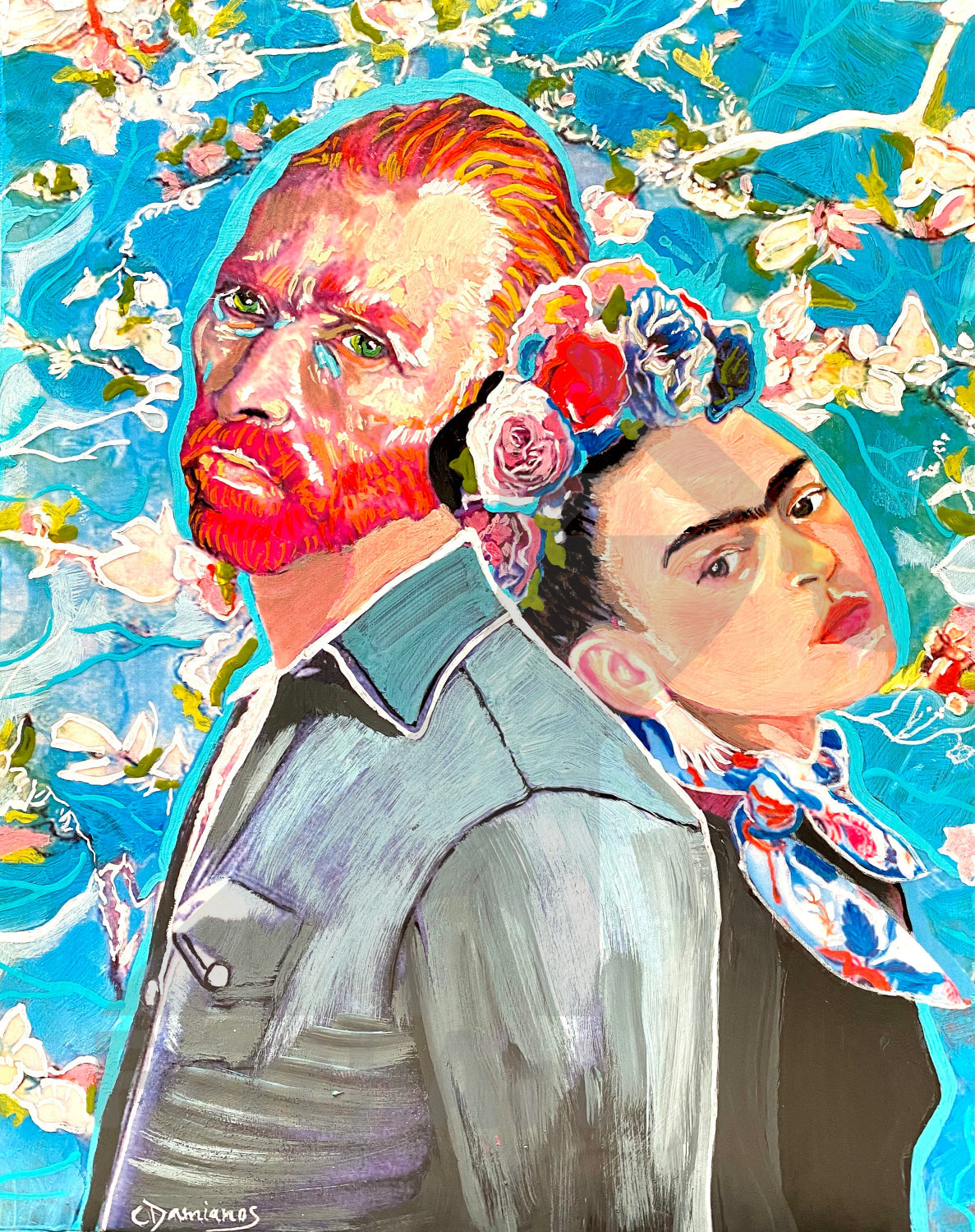 Captivating Portraits: Original Frida Kahlo & Vincent Van Gogh Acrylic Paintings with Collage on Wood - Wall Decor Art by Artist Fetch Art