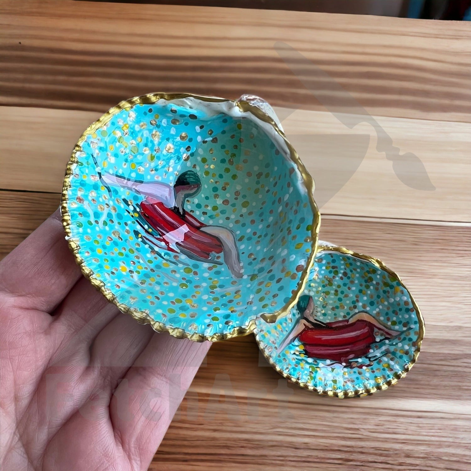 2 Large Real Seashells with Acrylic Painting of a Woman on a Float