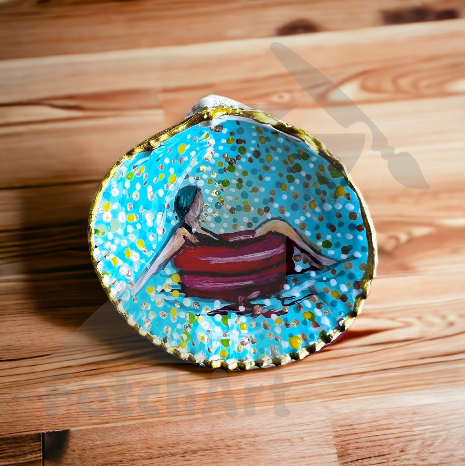 Large Real Seashell with Acrylic Painting of a Woman on a Float