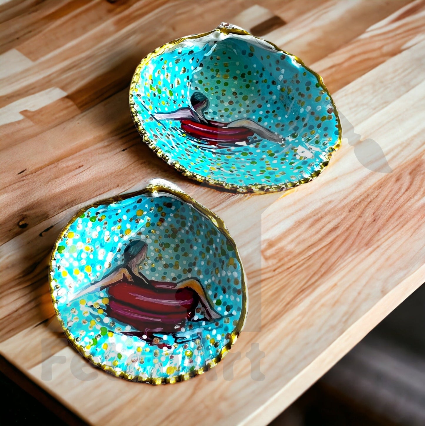 2 Large Real Seashells with Acrylic Painting of a Woman on a Float